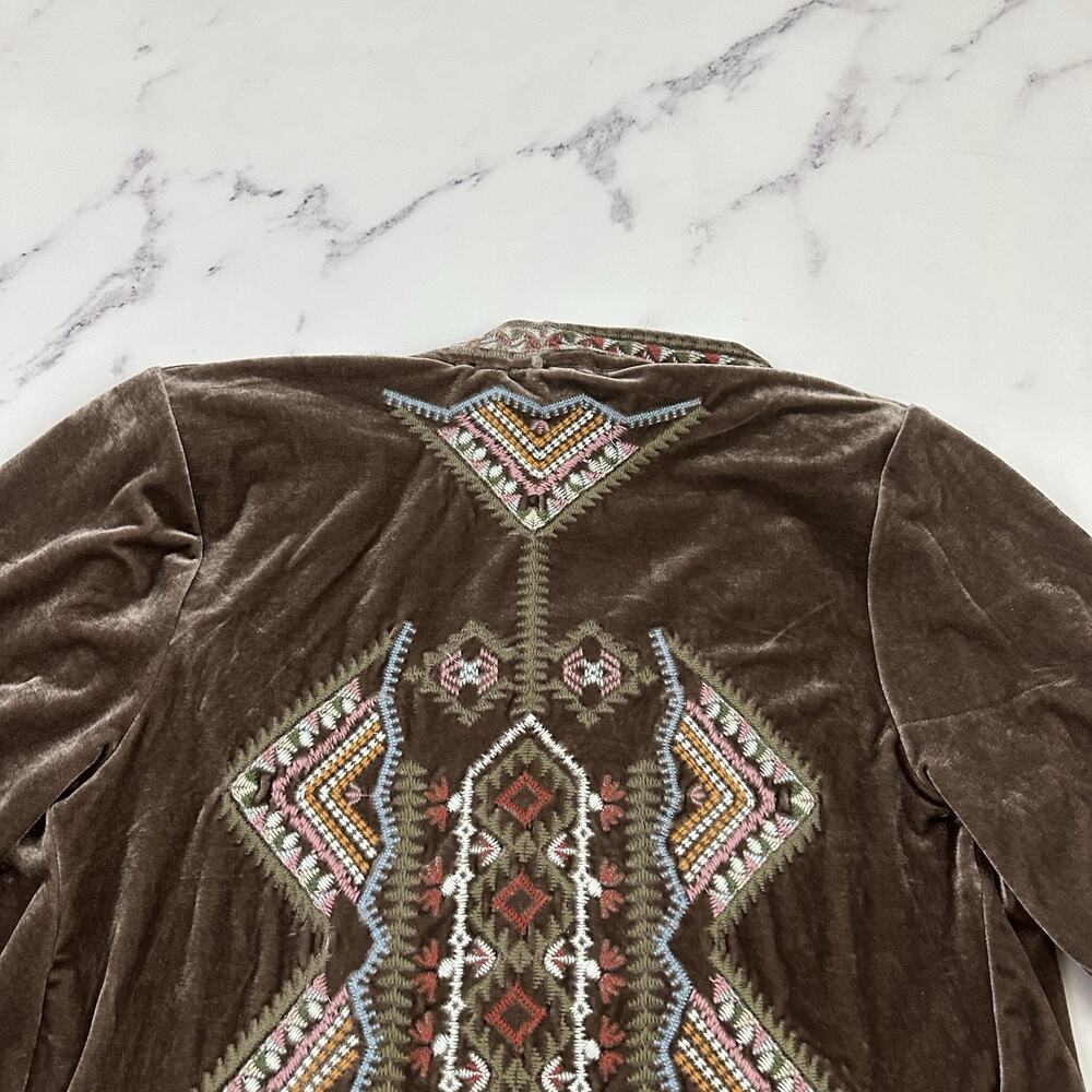 Paparazzi Womens Velvet Embroidered Kimono Cardigan Sweater Size M Brown Pink - Picture 9 of 12